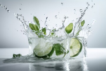 Fototapeta na wymiar a lime splashing into a glass of water with lime slices and mints on the rim of the glass, on a reflective surface. generative ai