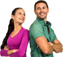 Smiling couple standing back to back with arms crossed