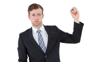 Geeky businessman writing with marker