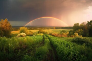 peaceful agricultural setting with a fantastic rainbow at dusk. Ukraine is a rural country in Europe. Nature's own power. vibrant wallpaper featuring a summer scene. picture of a strange occurrence ea