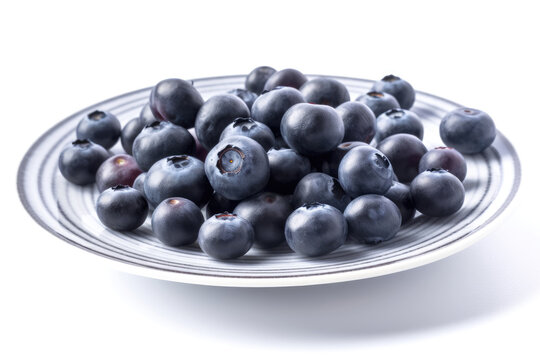 Closeup of fresh juicy blueberries on a white plate isolated on white background. High resolution. Generative AI
