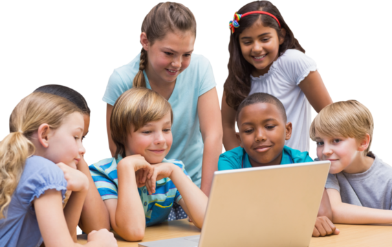 Cute pupils using tablet computer in library