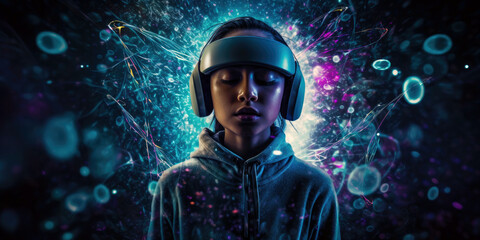 young girl wearing a modern vr - mind read headset, fully immersed in a cosmic environment(created with Generative AI) - obrazy, fototapety, plakaty