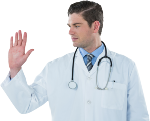 Young male doctor touching digital screen