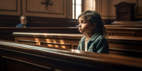 lonely child in a courtroom, the field of child advocacy (created with Generative AI)