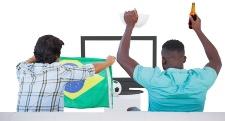 Football fans holding various objects and cheering