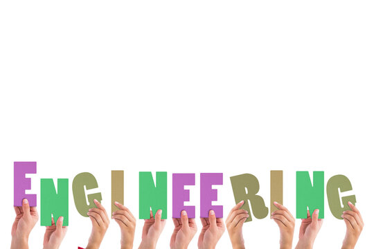 Colorful alphabet spelling engineering held up by people 