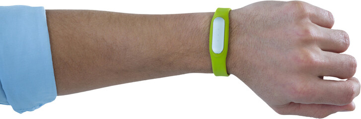 Hand of man wearing green fitness band
