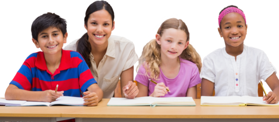 Pretty teacher helping pupils in library