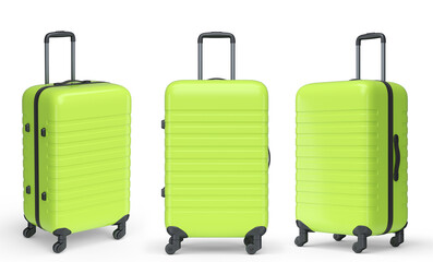Set of luggage with beach accessories for summer holidays on white background.
