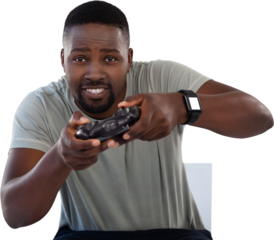 Man playing video game against white background