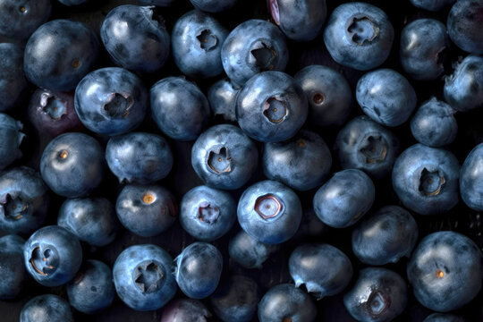 flat lay closeup frame background of fresh juicy blueberries lying on the surface. High resolution. Generative AI