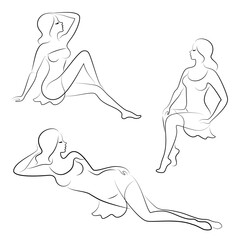 Collection. Silhouette of a woman in a modern continuous line style. The girl is slim and beautiful. Lady suitable for decor, posters, stickers, logo. vector illustration set.