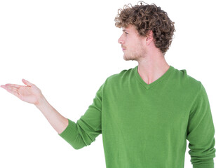 Handsome man holding something in front of camera