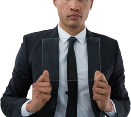 Mid section of businessman showing transparent interface