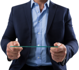 Mid section of adult businessman using a glass tablet computer