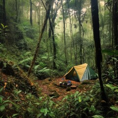Cozy Camping in the Lush Forest: A Tent in the Wilderness