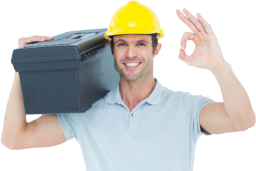 Worker carrying tool box on shoulder while gesturing OK sign