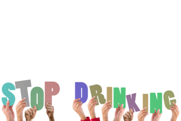 Colorful alphabet spelling stop drinking held up by people 