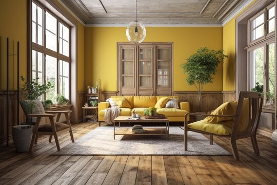 Yellow toned wooden living room. Venetian shades, fabric sofa, cushions. Farmhouse decor,. Generative AI