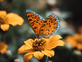 Obraz premium Butterfly on yellow flower in the garden. Natural background.