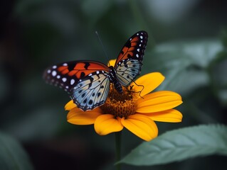 Butterfly on yellow flower in the garden, nature background.