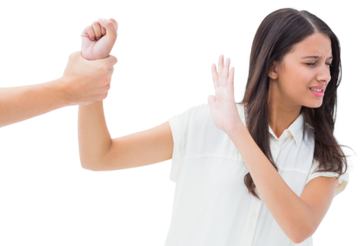 Fearful brunette being grabbed by the hand