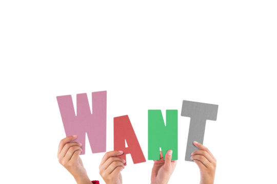 Cropped hands holding colorful alphabets forming want - Powered by Adobe