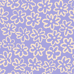 Fototapeta na wymiar Abstract doodle style flowers repeat pattern. Lilac and cream colour floral fabric design.