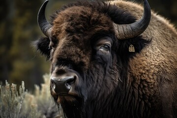 Yellowstone Bison in portrait. Generative AI