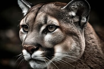 An alpine lion. Cougar in closeup. Mountain lion and American puma detail portrait poster depicting animal life. Generative AI