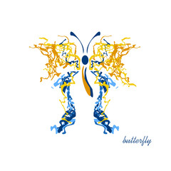 Unusual butterfly of wavy blue and yellow lines. Summer moth with openwork wings. Ukrainian traditional colors