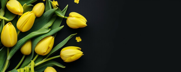 yellow tulips on black background, copy space, spring banner