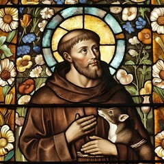Saint Francis of Assisi. Stained Glass style. Generative Ai. St. Francis of Assisi. - obrazy, fototapety, plakaty