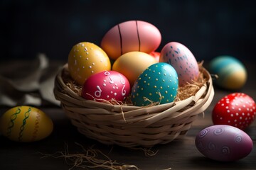 Fototapeta na wymiar Colorful easter eggs in basket on wooden table, closeup
