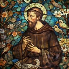 Saint Francis of Assisi. Stained Glass style. Generative Ai. St. Francis of Assisi. - obrazy, fototapety, plakaty