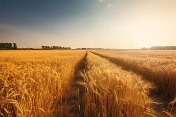 Sunset over wheat field in summer. Rural scene. Beauty in nature.