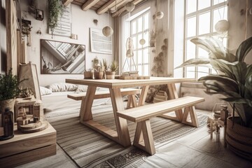 Unfinished blueprint, bohemian dining table closeup, boho living room with couch in wooden mezzanine with gabled ceiling. planters. Country decor,. Generative AI