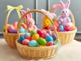Basket with Easter eggs and bunnies on a fluffy carpet