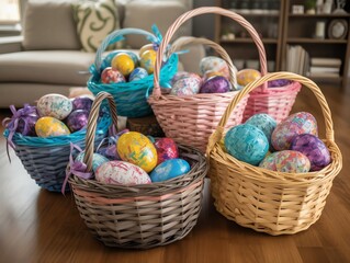 Fototapeta na wymiar Baskets with colorful Easter eggs in the living room at home