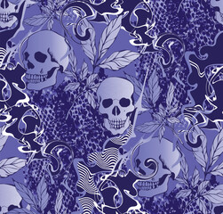 Design of scull dedicated to halloween. Blue color. For wallpaper, banner, background, card, book, mural, Illustration, landing page, cover, placard, poster..