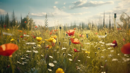 Beautiful poppies, daisys field in the spring sunny day. Generative AI.