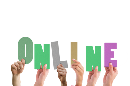 Colorful alphabet spelling online held up by people 