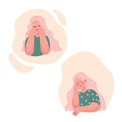 Cute girl with long hair. Self care, self love or positive body concept. self care, skin care. Happy woman. 
 Illustration of International Women's Day. Vector postcard, valentine.