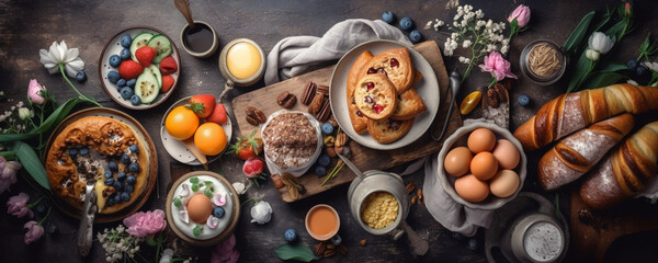 Obraz na płótnie Canvas Easter breakfast flat lay, scrambled eggs, bagels, tulips, muffin, coffee, fruits
