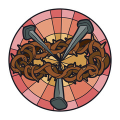 Button with crown of thorns and nails like stained glass window, Vector illustration