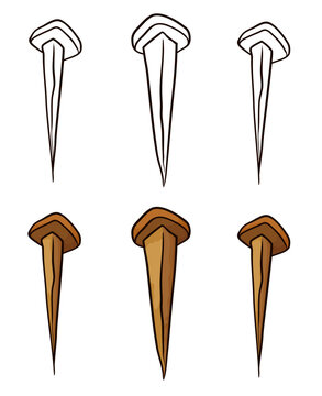 Set with old nails in outlines and cartoon style, Vector illustration