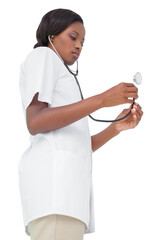 Young nurse listening with stethoscope