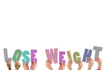 Colorful alphabet spelling lose weight held up by people 