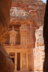 close view  of he treasury or Al-khazneh in petra view from the siq